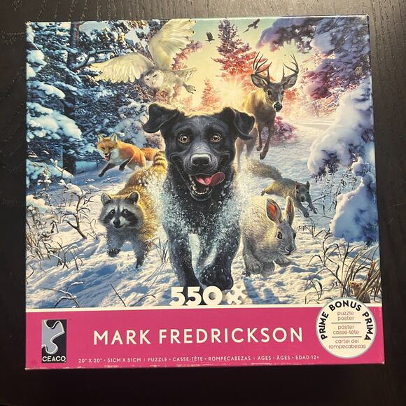 Ceaco Mark Fredrickson WINTER BLACK LAB DOG RACCOON RABBIT DEER 550 Piece Puzzle - Picture 1 of 6